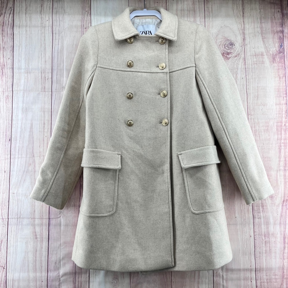 ZARA Double Breasted Tweed Wool Blend Coat Gold Buttons Beige Cream‎ Size XS